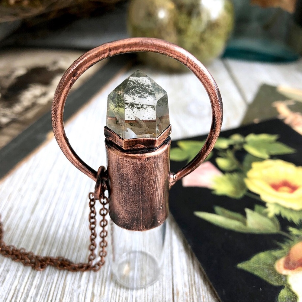 Chlorite Included Quartz Crystal Rollerball Necklace Essential Oil - FoxLark